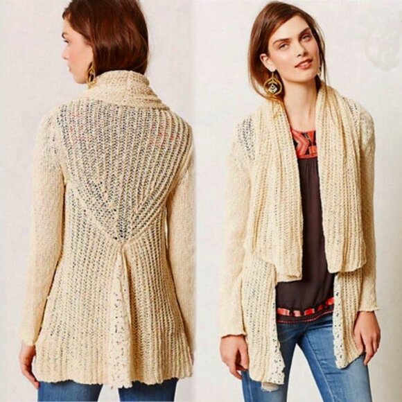 Anthropologie Sirretta Cardigan With Lace Trim Knitted & Knotted Women's Size L - Picture 2 of 16